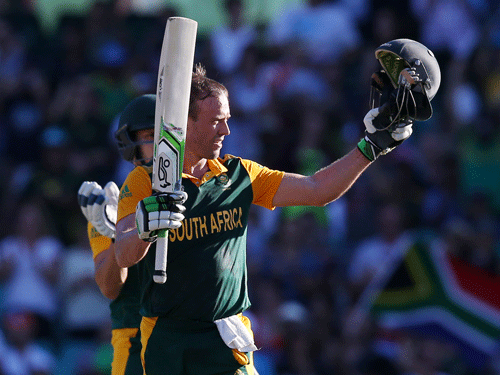 South Africa's AB De Villiers celebrates after scoring a 150 runs during their Cricket World Cup Pool B match against the West Indies in Sydney, Australia. AP Photo.