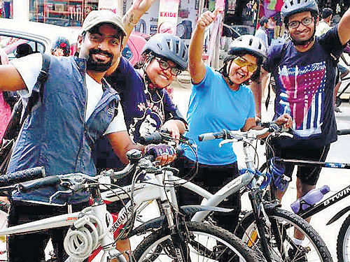 GEARED UP: Sukanya Rajan (third from left) during a group ride.