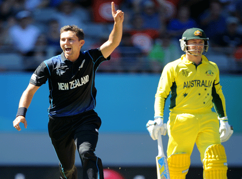 New Zealand's Trent Boult celebrates after taking the wicket of Australia's Glenn Maxwell during their Cricket World Cup match in Auckland, New Zealand. AP photo