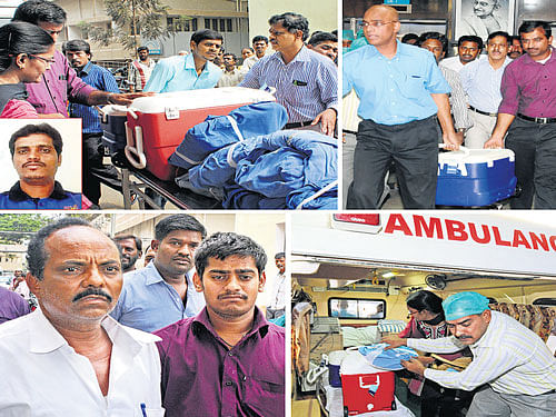 In transit: (Clockwise from top left) Doctors and paramedical staff bring the harvested heart in a box out of the Victoria Hospital in Bengaluru (inset Shivaraya Baje). The boxes are being loaded onto an ambulance, before its journey to HAL airport. Staff from Yashoda Hospital, Secunderabad, arrive at Victoria Hospital. Baje's family members. DH Photo.