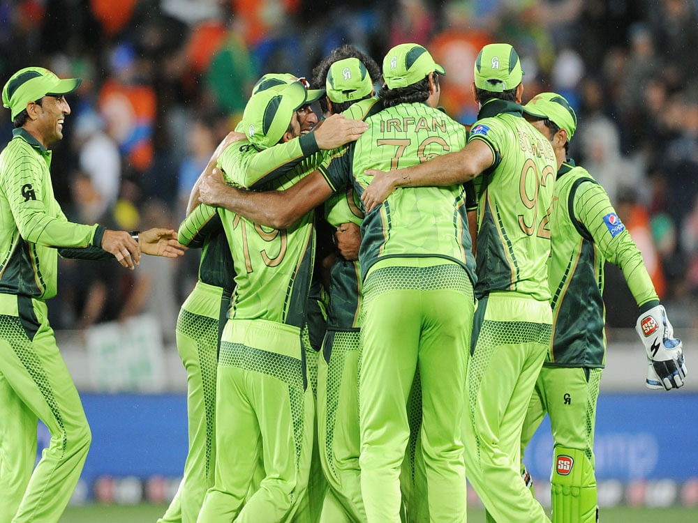 .The Pakistan team celebrate after their 29 run win over South Africa in their Cricket World Cup Pool B match in Auckland, New Zealand, AP Photo.