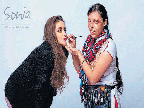 Acid attack survivor Sonia features in the 'Bello' calendar, which portrays her dream to become a beautician. PTI