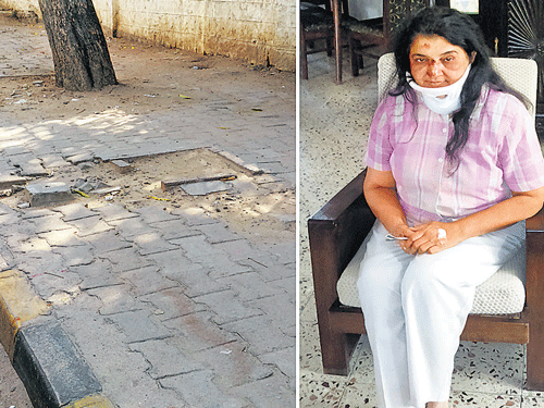 Elsie Noronha (right) suffered multiple injuries after tripping over stones jutting out from an uneven footpath (left) opposite St Joseph's Commerce College. dh photos