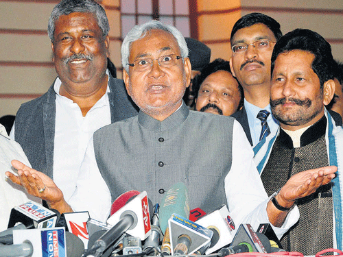 Bihar Chief Minister Nitish Kumar talks to media persons after winning the trust vote in state Assembly. PTI
