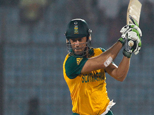 Skipper AB de Villiers led from the front with an all-round show to help South Africa thrash minnows UAE by 146 runs and put the team's cricket World Cup campaign back on track in its final pool B ODI encounter, here today. AP File Photo.