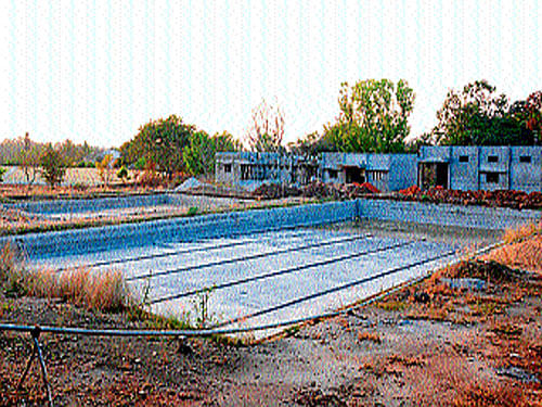 A view of the swimming pool under construction on the premises of Chamundi Vihar Stadium, in Mysuru. DH Photo