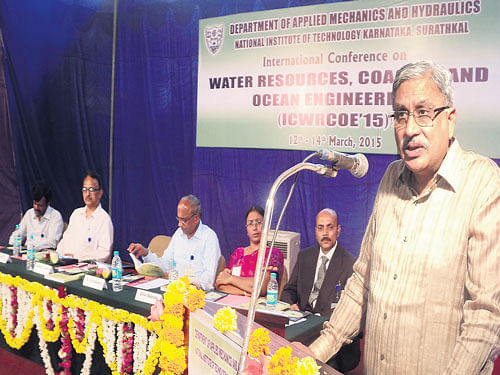 Union  Ministry of Earth Sciences Secretary Dr Shailesh Nayak delivers his inaugural address at the International Conference on Water Resources, Coastal and Ocean Engineering (ICWRCOE-2015), organised by the department of Applied Mechanics and Hydraulics in National Institute of Technology Karnataka, Surathkal, on Thursday. Conference chairperson, professor and head of the department Dr Subba Rao, NITK&#8200;Director(in-charge) A Kandasamy, Anna University (Chennai) Centre for Research  Director and Centre for Water Resources Professor Dr Usha Natesan look on. DH Photo
