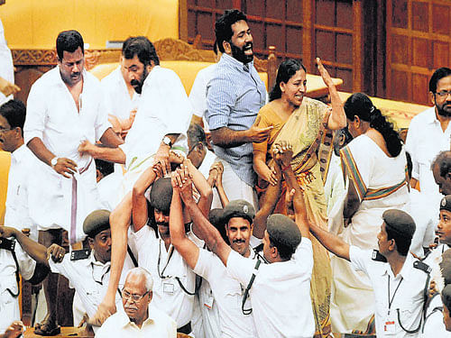It was a free-for-all in the Kerala Assembly on Friday during the Budget presentation. PTI
