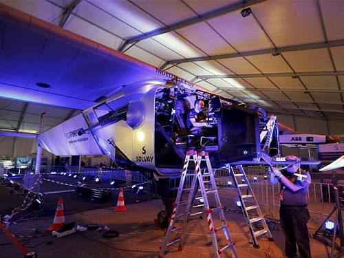 Solar Impulse-2, claimed to be the world's first 'no fuel' aircraft, which arrived here on a round-the-world trip on March 10, has delayed its departure due to the cloudy weather conditions. PTI Photo