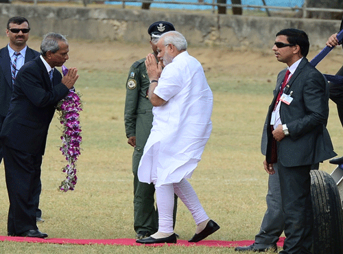 India's Prime Minister Narendra Modi is welcomed as he arrives for a visit in Jaffna. Reuters photo