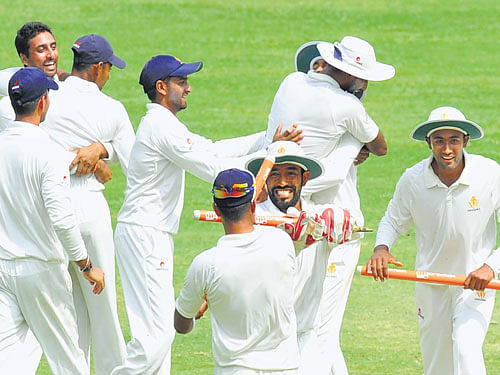 unconquered: Throughout the season, the Karnataka Ranji Trophy team showed great camaraderie while quelling all the challenges. dh photo/ srikanta sharma r