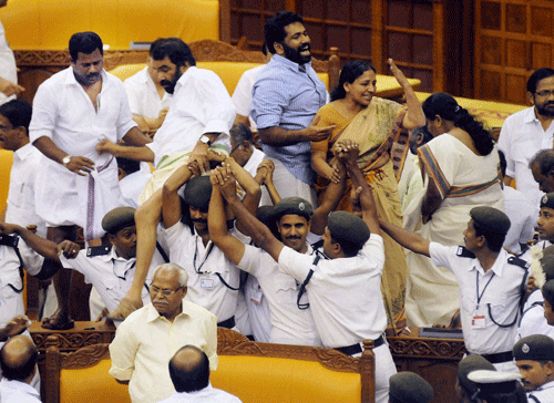Kerala Assembly today suspended five CPI(M)-led LDF Opposition MLAs till the end of the session for allegedly ransacking the Speaker's podium on the budget day on March 13 when their protest against Finance Minister K M Mani, facing corruption charges, turned violent. PTI File Photo for representational purpose