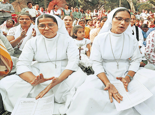 PRAYERFORMYSISTER: Nuns take part in a rally in Kolkata onMonday to protest against the gang-rape of a nun in Nadia district. PTI