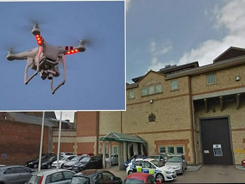 In the first of its kind, a drone carrying drugs, mobile phones and weapons into a high security prison in the UK has been seized after the operator crashed the remote-controlled aircraft into a jail wall.  Pic: screengrab