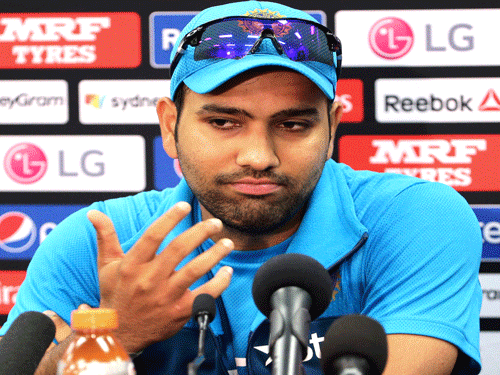 India's Rohit Sharma speaks to the media during a pre-match press conference at the Cricket World Cup in Sydney, Australia, Wednesday, March 25, 2015. India will play Australia in the World Cup semifinal on Thursday to gain a place in the final against New Zealand.AP Photo