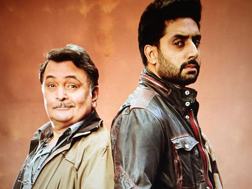 Veteran actor Rishi Kapoor has debuted a still of himself with Abhishek Bachchan from their upcoming film  All Is Well. Courtesy: Twitter