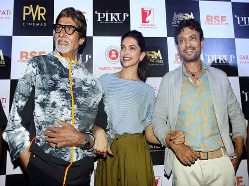 Bollywood actors Amitabh Bachchan, Imran Khan and Deepika Padukone at the launch of the film 'Piku' in Mumbai on Wednesday. PTI Photo.