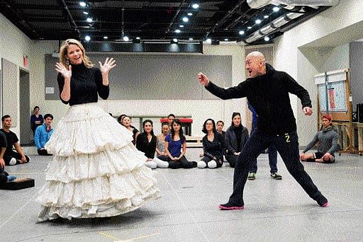 Ken Watanabe and Kelli O'Hara participate in rehearsals for a revival of "The King and I," at the Lincoln Centre in New York. The veteran Japanese actor's imperfect English adds an extra dimension to his Broadway debut. NYT