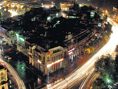 An aerial view shows most of the building lights switched off to mark the second Earth Hour campaign at Connaught Place in New Delhi on March 28, 2009. AP File photo