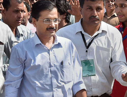 Delhi CM and AAP convener Arvind Kejriwal arrives to attend the party's national executive at Kapashera in New Delhi on Saturday. PTI Photo