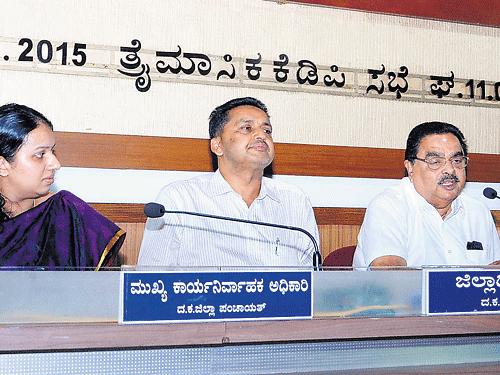 District incharge Minister Ramanath Rai chairs theKDP meeting inMangaluru on Saturday. Deputy CommissionerA B Ibrahim, Zilla Panchayat Chief Executive Officer P I Shreevidya look on. DH PHOTO