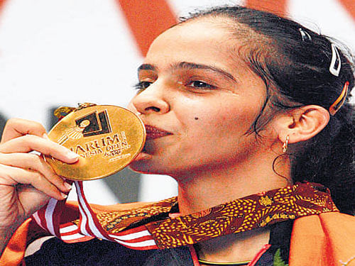 Saina Nehwal with her maiden Super Series title at Jakarta in 2009 and with the Olympic bronze medal at London in 2012.