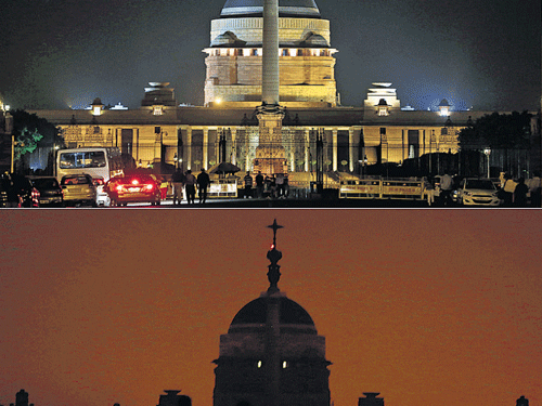 In this combo picture, Rashtrapathi Bhavan is seen lit (top) and then with lights off during Earth Hour in New Delhi on Saturday. AP