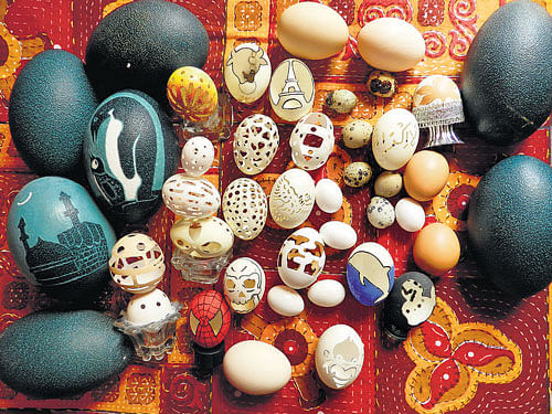 intricate Some of the egg carvings by Shamshuddin.