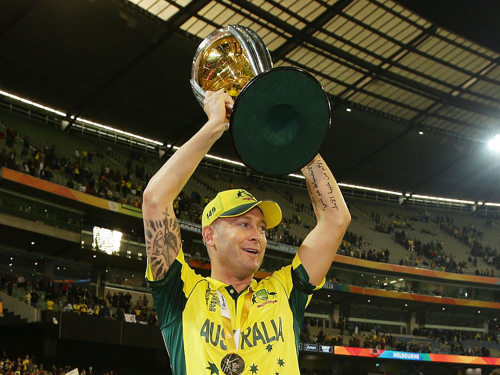 Australian captain Michael Clarke celebrates  seven wicket victory over New Zealand to win the Cricket World Cup final in Melbourne, Australia, Sunday. AP Photo.