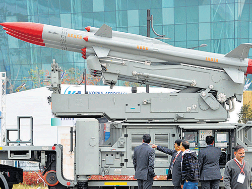 A file photo of the 'Aakash' mobile surface-to-air missile defence systembeing displayed at the Seoul International Aerospace and Defense Exhibition in Goyang in 2013. The Indian Navy has found that the missile does not meet its requirements, particularly on sea keeping issues. AFP