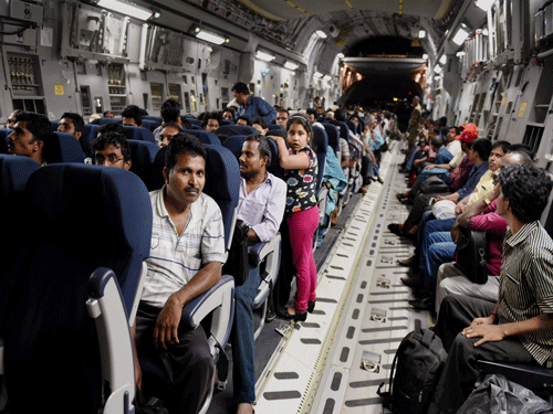 Indian nationals being evacuated. PTI photo
