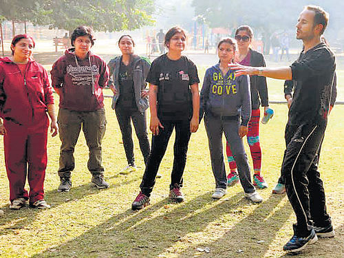 Martial Vout conducts a self-defence class for girls in New Delhi.