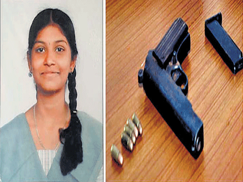 Victim, weapon and assassin Gauthami (left), the PU&#8200;student of Pragathi College, was shot dead by hostel attender Mahesh using this weapon. (right)
