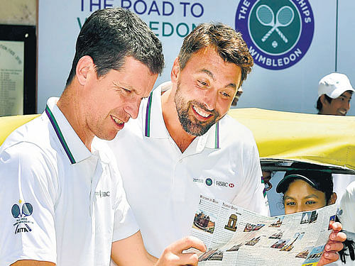 Former tennis stars Tim Henman (left) and Goran Ivanisevic in NewDelhi on Thursday. PTI