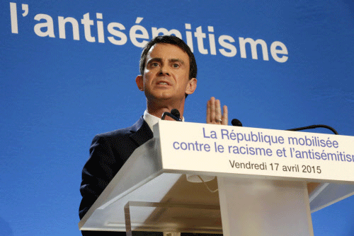 French Prime Minister Manuel Valls delivers a speech to present a plan to fight racism and anti-Semitism at the Prefecture in Creteil near Paris April 17, 2015. REUTERS