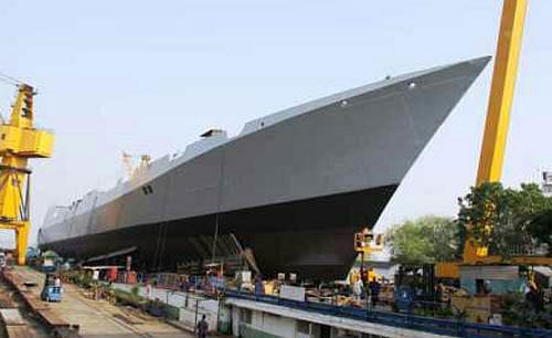 The Indian Navy today launched 'Visakhapatnam', the first of stealth destroyers under the P15-B project. Picture Courtesy: Twitter