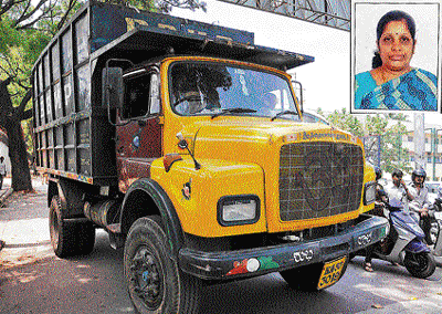 The BBMP truck, which ran over Geetha Rani (inset) in Malleswaram on Friday. DH PHOTO