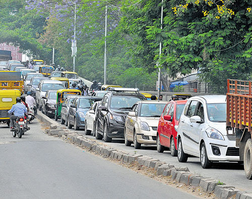chock-a-block The traffic on Lingarajapuram Flyover.