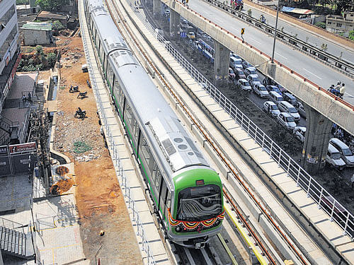 Namma Metro train on its inaugural run from Sampige Road to Nagasandra (Reach 3B) in Bengaluru on Friday. DH Photo/ B H Shivakumar