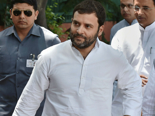 AICC Vice President Rahul Gandhi arrives to meet representatives of organizations of home/flat buyers in Delhi-NCR region, at AICC office in New Delhi on Saturday. PTI Photo