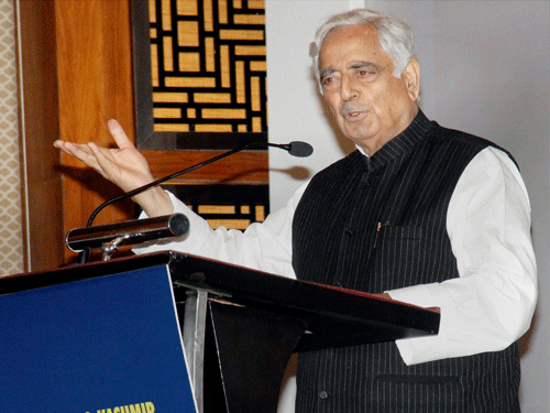 J&K Chief Minister Mufti Mohammad Sayeed speaks at a programme for promotion of Jammu and Kashmir tourism, in Ahmedabad on Saturday. PTI Photo