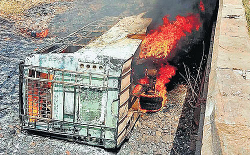 A bus catches fire after falling into a valley near the Panna National Park in Madhya Pradesh on Monday. PTI