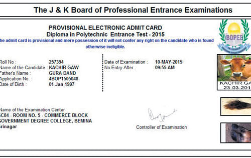 Hall ticket of 'Kachir Gaw', the cow, issued by the Jammu and Kashmir Board of Professional Entrance Examination.