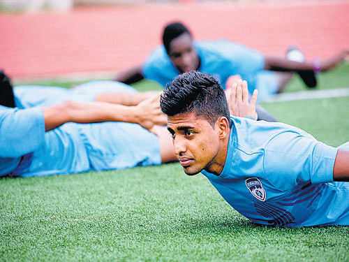 sweating it out: Bengaluru FC's Rino Anto during a training session at the Jawaharlal Nehru Stadium in Shillong Thursday. bfc media