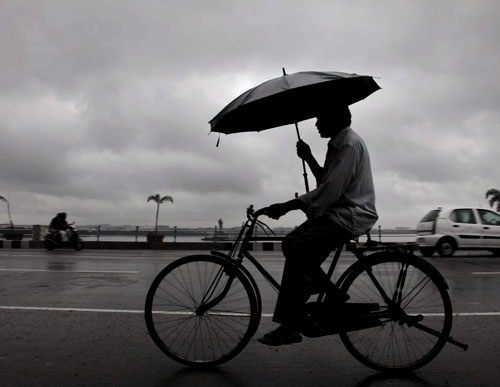 A man rides his byclyle in rain under the sheather of umbrella. Ap photo