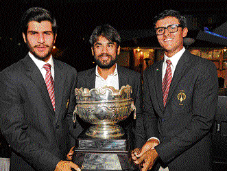 UNDISPUTED  CHAMPS: (From left) India's Pukhraj Singh Gill, Jaibir Singh and Viraj Madappa pose with the trophy after winning the SAARC Championship&#8200;on Saturday. DH PHOTO