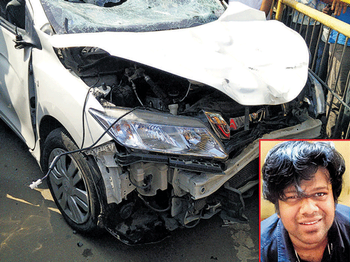 The mangled remains of the car which ran over two people near Hennagara gate in Bommasandra, Bengaluru, on Saturday. The car was being driven by Karthik (inset). DH PHOTO