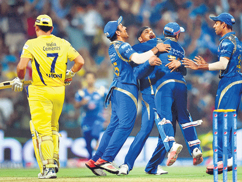 BIG SCALP: Mumbai Indians' Harbhajan Singh (centre) celebrates with team-mates after dismissing M&#8200;S Dhoni In the IPL&#8200;Qualifier 1 on Tuesday. pti photo