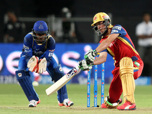 AB De Villiers of the Royal Challengers Bangalore plays a shot during the eliminator match of the IPL against Rajasthan Royals at the MCA International Stadium in Pune on Wednesday.PTI Photo