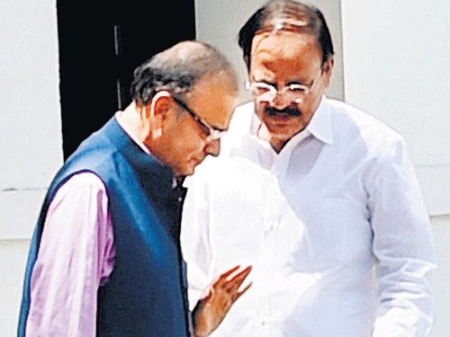 Union Finance Minister Arun Jaitley and Parliamentary Affairs Minister Venkaiah Naidu after a meeting with Prime Minister Narendra Modi in NewDelhi onWednesday. PTI